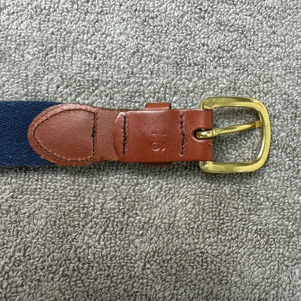 Leather Man Ltd Mens 46 Ribbon Belt Navy Tan Striped Top Grain Leather Brass CT